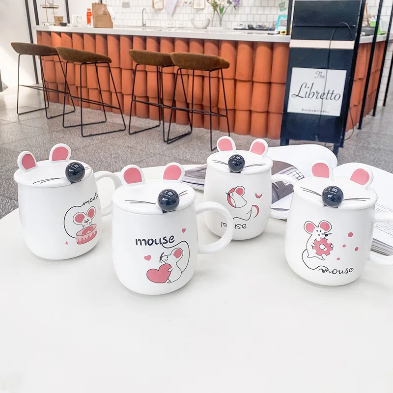 Милые Мультяшные мышки керамические кружки с крышкой ложкой домашняя чашка для молока и завтрака 400 мл большая емкость кофейные кружки для живота для женщин и детей