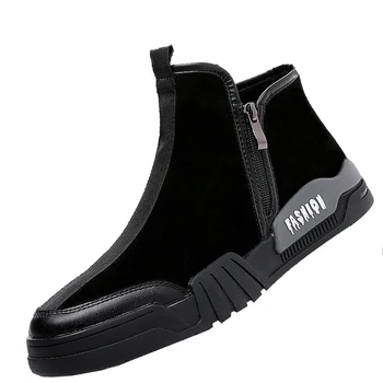 

2020 New Winter Trend Cow Suede Vintage Chelsea Men's Boots Luxurious Stripe Design Zipper Thick Bottom Cotton Shoes 38-44