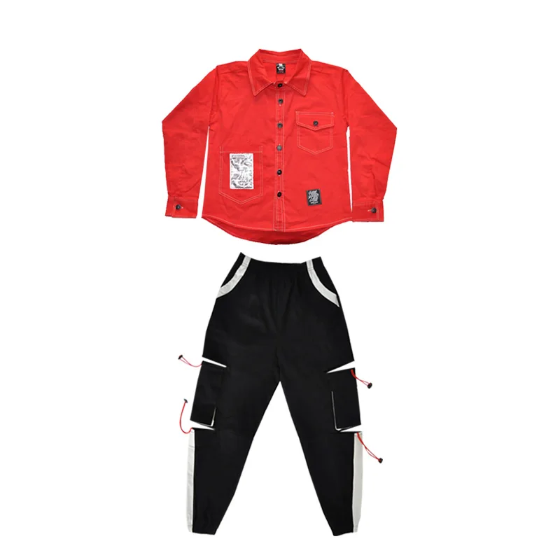 Hip Hop Costumes Street Dance Set Boys Red Shirt Girls Modern Performance Clothing Jazz Cheerleader Stage Rave Outfit Kid DN4624