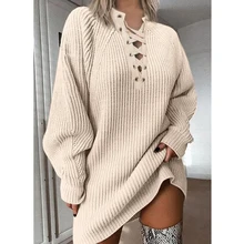 2021 Autumn Winter Sweater Dress Solid Color V Neck Lace Up Knitted Mini Dress Casual Loose Elegant Thick Warm Sweater Dresses