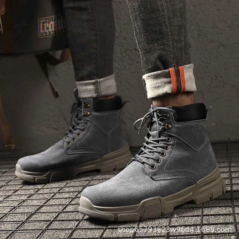 

Martin Boots Men's Winter Men High Shoes Woolen Cotton Leather Short Boots Snow Boots Fashion Mid-top Workwear Combat Boots Engl