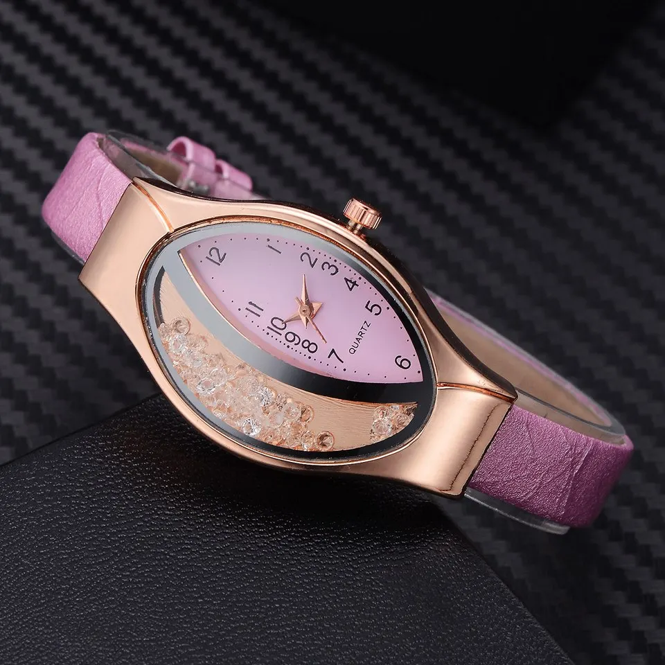 Women Fashion Luxury Watch Leather Strap Women Bracelet Clock Ellipse Rhinestone PU Sport Quartz Watch Wrist Watches For Women