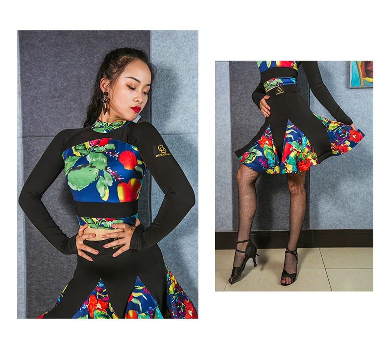 Printing Latin Dance Costumes Women Cha Cha Tango Salsa Samba Rumba Ballroom Practice Wear Ladies Performance Clothes DC3020