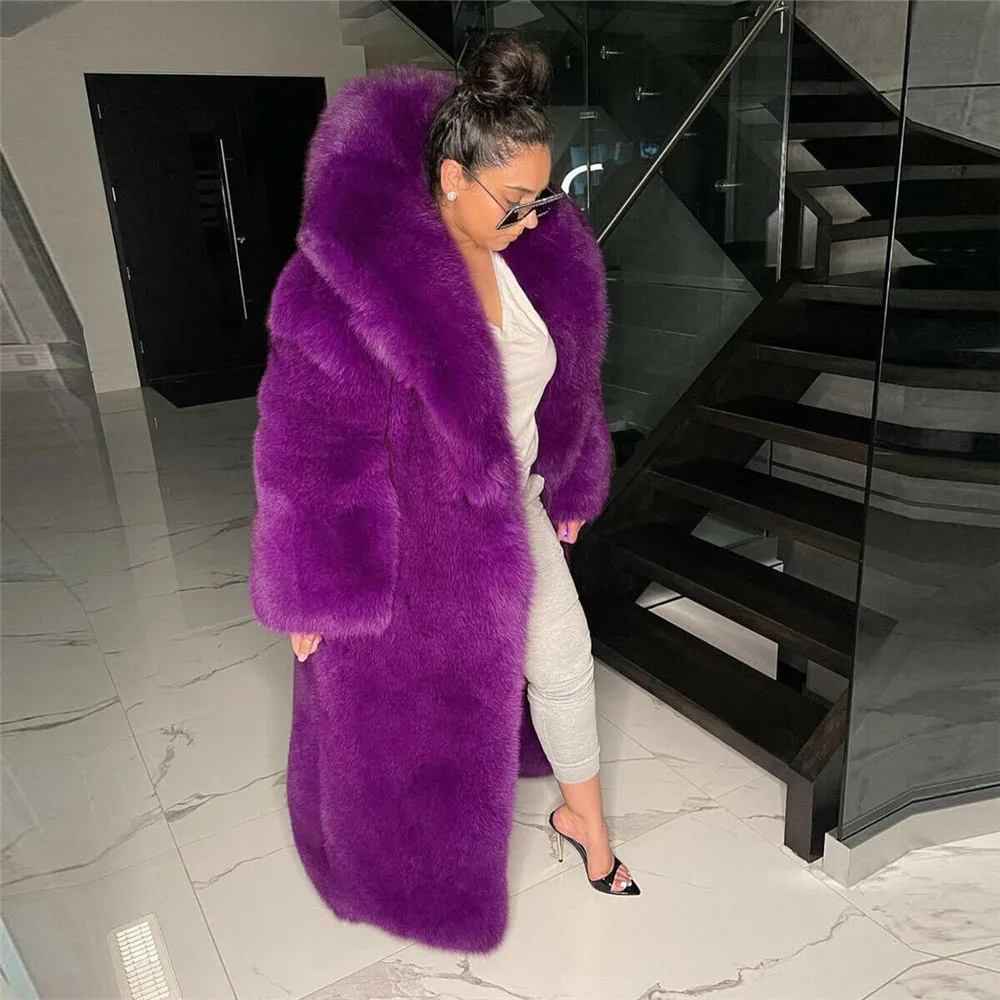X-long Purple Color Real Fox Fur Coat With Big Hood Thick Warm Fur Overcoat Luxury Full Pelt Genuine Fox Fur Coats Female Winter