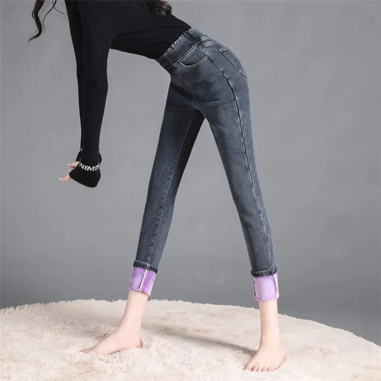 High Elastic Waist Stretch Jeans For Women Skinny Thicken Denim Pencil Pants Winter 2021 Female Black Velvet Warm Trousers 069 black jeans
