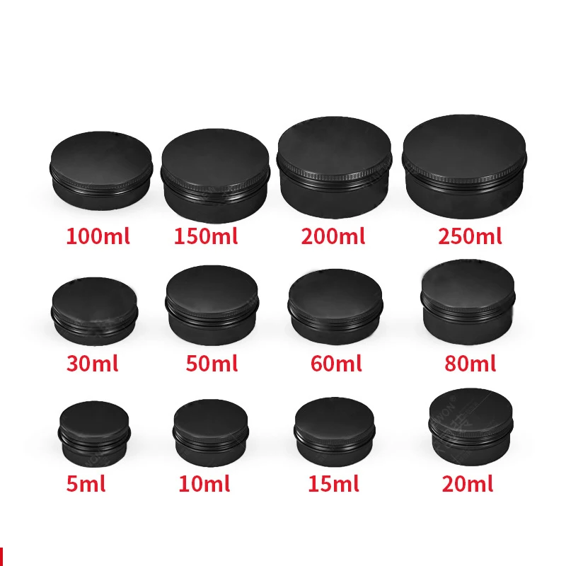 

50pcs 10ml-250ml Black Aluminum Cans Round Metal Cosmetic Containers With Screw Cap Lid For Salve, Powder, Spice, Or Candies