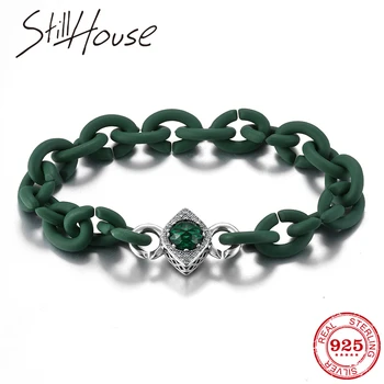 

925 Silver Square deep Green Zircon bead Men Bracelet Pale Green Hard Rubber Bracelets Fashion accessories for women handmade