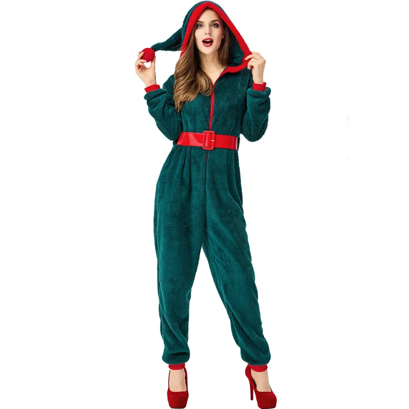 

Adult Unisex Christmas Costume X'mas Elf Cosplay Jumpsuit Green Flannel Hooded One-piece Jumpsuit Belt 2PCS Set Halloween Cos