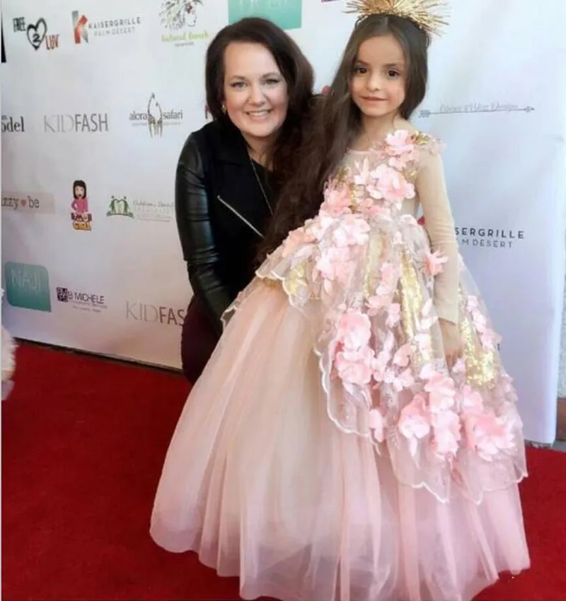 Gorgeous Pink Girls Pageant Dresses 3D Floral Appliqued Long Sleeve Flower Girl Dress First Communion Birthday Gown | Детская одежда и