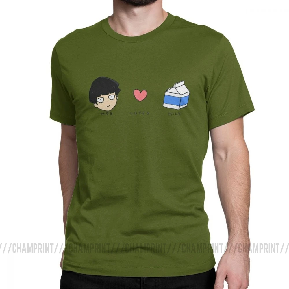 Mob Loves Milk Mob Psycho 100 футболки мужские хлопковые новые футболки с круглым вырезом футболка с коротким рукавом Одежда с принтом - Цвет: Армейский зеленый