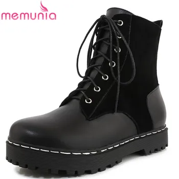 

MEMUNIA 2020 punk low heel casual shoes women ankle boots cross tied genuine leather +suede leather autumn winter boots ladies