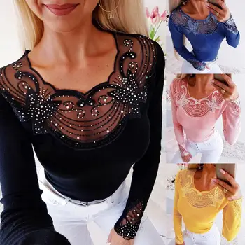 

Sexy Women Long Sleeve See Through Beads Decor O Neck Waist Tight Slim Blouse Top