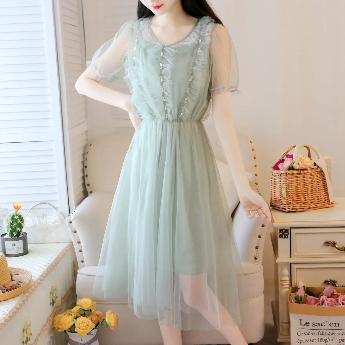 

Gentle Ladies Gauze Sequin Two-piece Dress Slimming Online Celebrity Set Dress Fairy Skirt Green