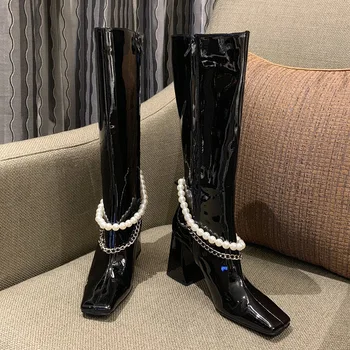 

2020 INS Luxury Women Black Block High Heels Long Boots Winter Knee High Boots Designer Patent Leather Pearl Thigh High Boots