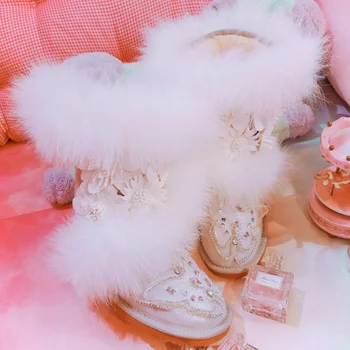 

2020 autumn and winter new Japanese three-dimensional flower fox fur mid-high tube flat warm women's cotton shoes and snow boots