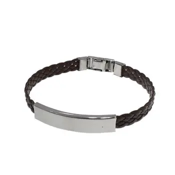 

Leather bracelet brown braided with zipper and steel plate