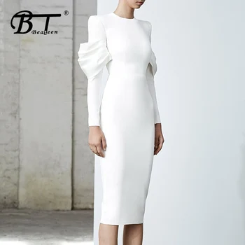 

Beateen Women Vintage O Neck Long Sleeves Bandage Back Zip Midi Dress 2019 Autumn New Fashion Sheath White Vestidos
