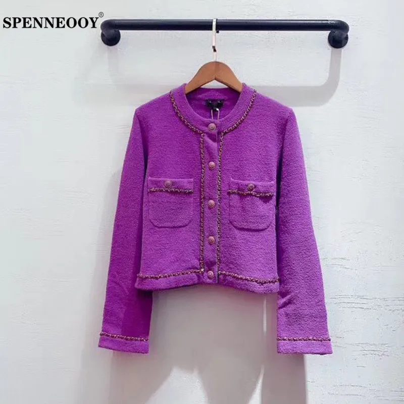 

SPENNEOOY Designer High-End Women's Early Spring Macaron Color System Single-Breasted Chain Decoration Cardigan Coat Jackets