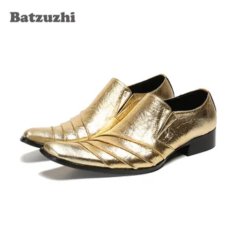 

Batzuzhi Mens Dress Shoes Vintage Metal Pointed Toe Fashion Gold Leather Dress Shoes Men Party and Wedding Shoes, EU38-46
