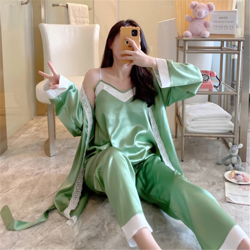 

Korean Version of Long-Sleeved Simulation Silk Pajamas Female Spring Autumn Sexy Ice Silk Suspenders Three-piece Home Service