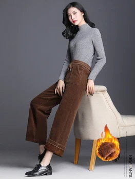 

Black loose corduroy pants ladies high waist wide leg pants fashion Autumn and winter thickening4XL elastic waist pants women.