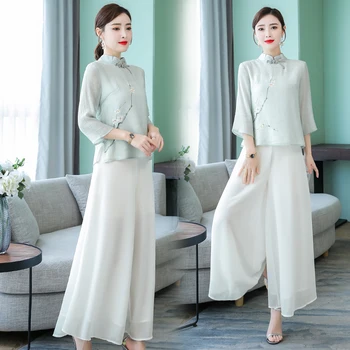 

2019 women shirt and pants yoga suit gym clothes cotton and linen fabric meditation clothing zen suit women tai clothes Retro