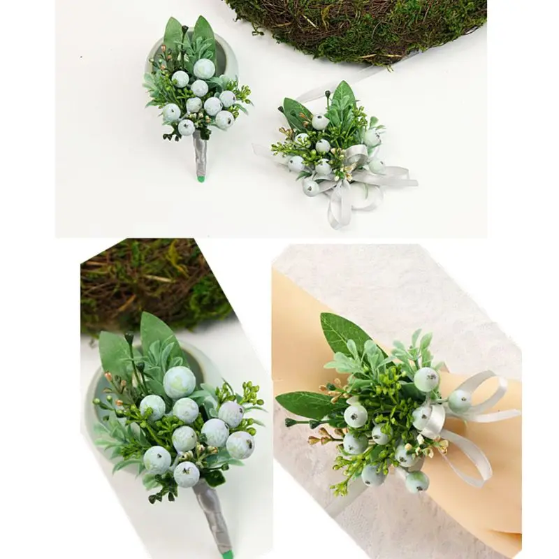 Handmade Realistic Berry Green Pants Boutonniere Corsage Wristlet for Men Women Groom Bride Wedding Prom Party Suit Decoration