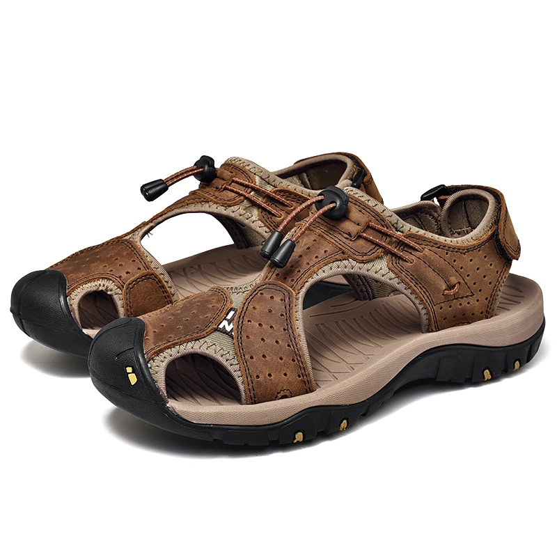 Anti-collision Men Sandals Summer Genuine Leather Sandalias Casual Slippers Men Hand-made Summer Shoes Beach Sandals Protective