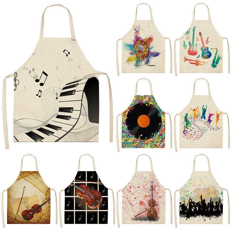 Musical Instrument Kitchen Aprons For Women Cotton Linen Bibs Household Cleaning Pinafore Home Cooking Apron 53*65cm WQL0141