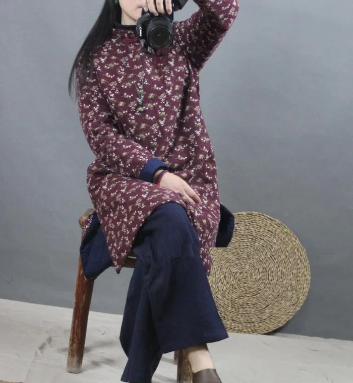 

Aransue Floral cotton-padded women's cotton-wadded gown with vertical collar coat side-open fork outwear for winter
