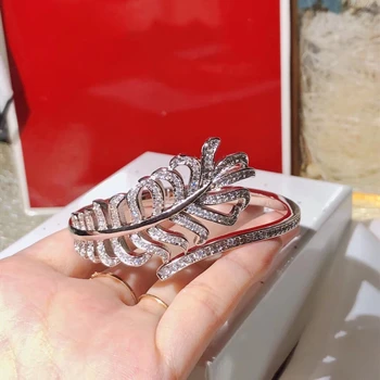 

Fashion AAA Zircon Feather Cuff Bangle Women Wedding Paved AAA Zircon Stone Lucky Angel Wing Open Cuff Bracelet Jewelry