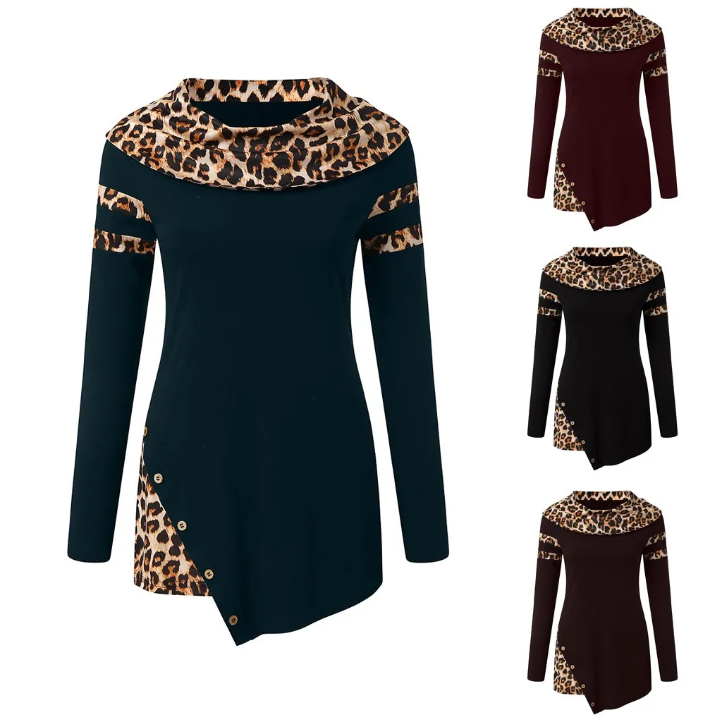 Мода дизайн леопардовая блузка женская теплая с длинным рукавом свободного размера плюс 5XL пуловер Блузки неровные Топы bloes dames@ 45