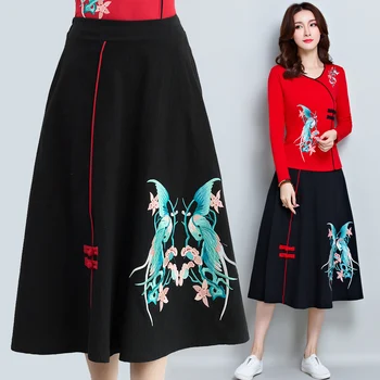 

KYQIAO online chinese store women saias long skirts female autumn original long black embroidery midi skirt