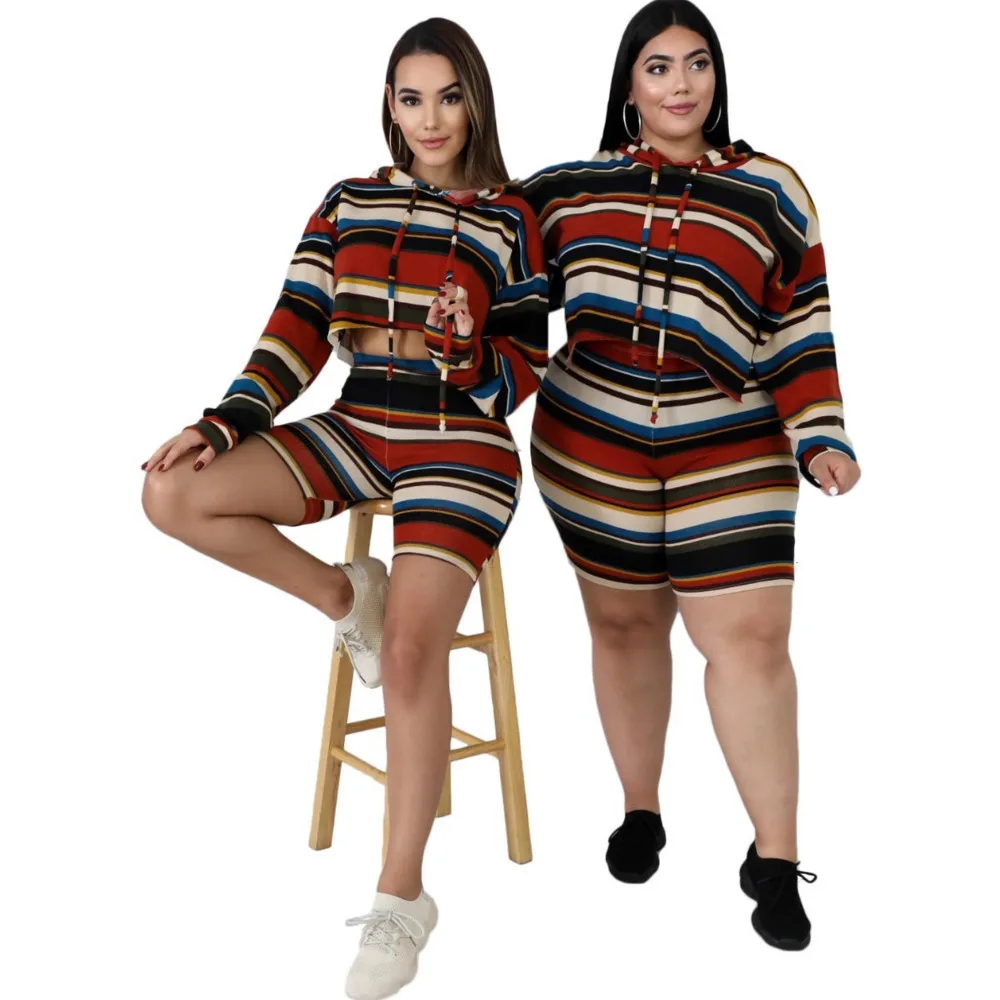 

Plus Size 2xl~6xl Stripe Two Piece Set Women Autumn Long Sleeve Hooded Top And Shorts Tracksuits Sport Suit Elegant Outfits 2019