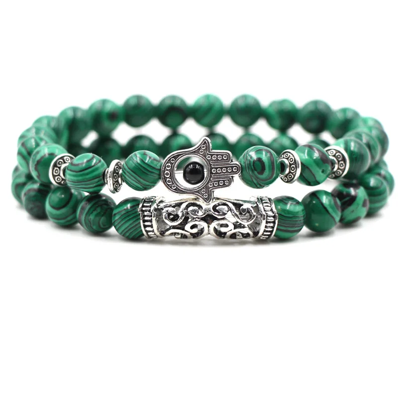 

2/Set Fashion Natural Green Malachite Bead Bracelet Bangle Accessories Silver Owl Curved Tube Charm Bracelets for Men Women