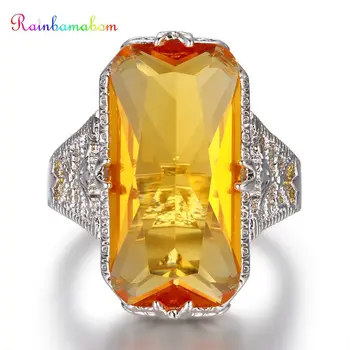 

Rainbamabom 925 Solid Sterling Silver Huge Citrine Gemstone Wedding Engagement Hollow Ring Fine Jewelry Wholesale Drop Shipping