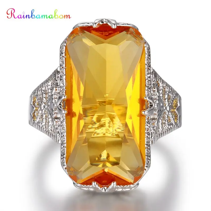 Rainbamabom 925 Solid Sterling Silver Huge Citrine Gemstone Wedding Engagement Hollow Ring Fine Jewelry Wholesale Drop Shipping Rainbamabom 925 Solid Sterling Silver Huge Citrine Gemstone Wedding Engagement Hollow Ring Fine Jewelry Wholesale Drop Shipping