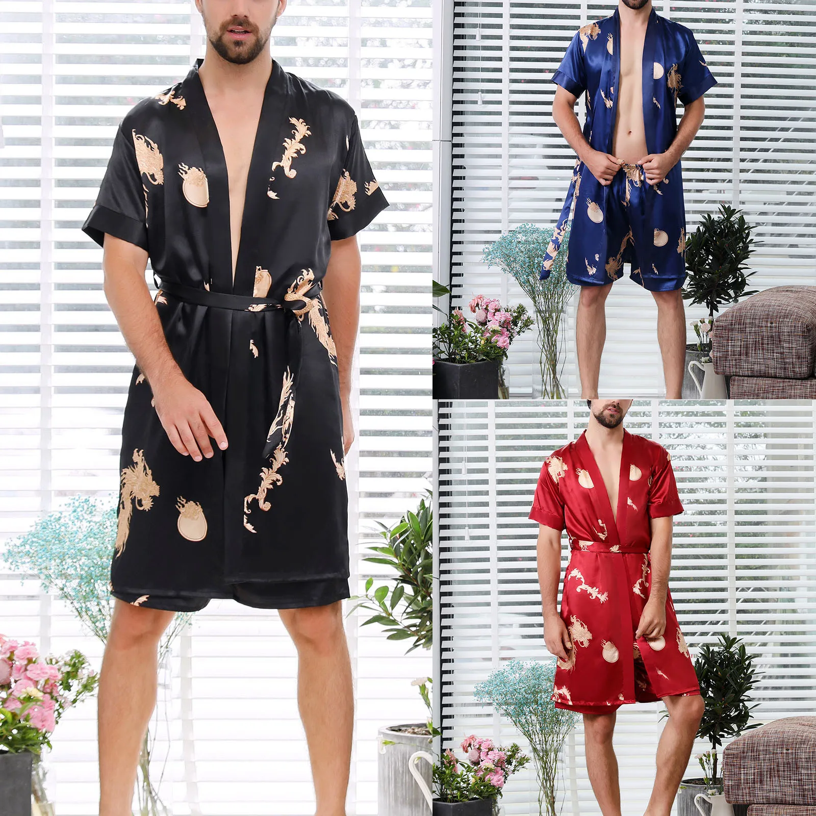 

Thin Short Sleeve Cardigan Robe Emulation Silk Soft Home Bathrobe Nightgown For Men Kimono Imitation Silk Nightgown for Wedding