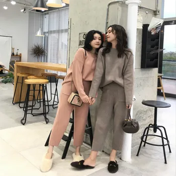 

2piece set women straight cropped trousers sweater two-piece casual temperament long sleeve sweater fashion set