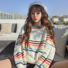 Striped Sweater Women Autumn Loose Casual Sweater Warm Knitted Korean Version Tops Long Sleeve O-Neck Pullover Tops Striped Sweater Women Autumn Loose Casual Sweater Warm Knitted Korean Version Tops Long Sleeve O-Neck Pullover Tops