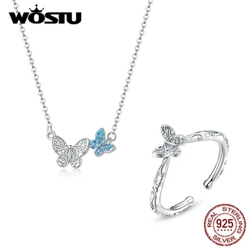 

WOSTU Real 925 Sterling Silver Butterfly Jewelry Set Necklace & Adjustable Ring For Women Wedding Luxury Jewelry Gift 2pcs/Set