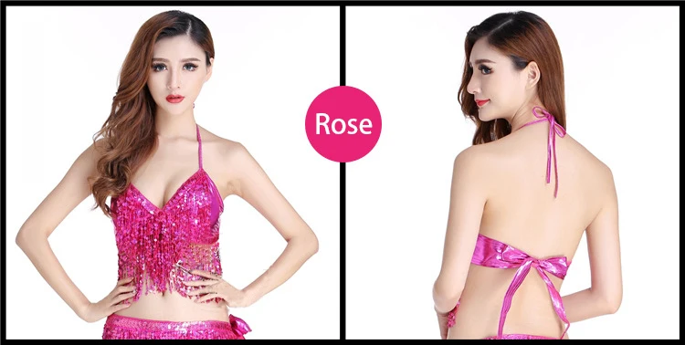 Сексуальный женский топ с бретелькой через шею, блестящий топ с кисточками, костюм для латинских танцев живота, топ для индийских восточных танцев, одежда для выступлений - Цвет: Rose
