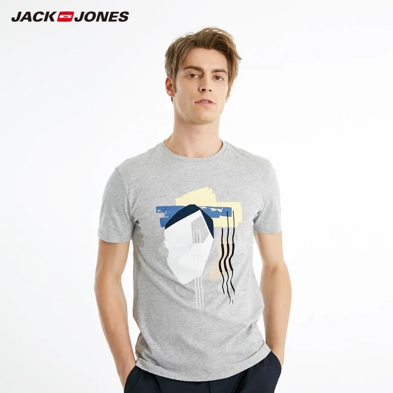 

JackJones Men's Slim Fit 100% Cotton Spliced Abstract Pattern Short-sleeved T-shirt|Streetwear 219101535