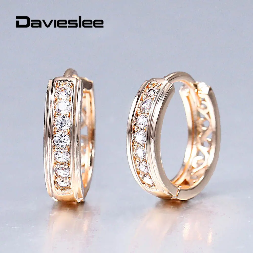 Dangle Huggie Earrings for Women Girls 585 Rose Gold Hoop Clear Cubic Zircon Wedding Party Fashion Jewelry DGEM38 | Украшения и