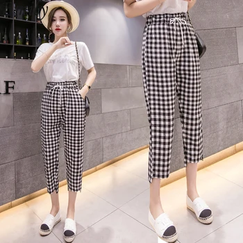 

Fashion Vintage Plaid Patchwork Pants Harajuku Woman Trousers Elastics High Waist Pants Korean Causal Straight Pants