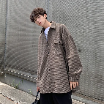 

2020 Men's Lattice Printing Loose Shirt Fashion Trend Loose Long Sleeves Coat Mens Fashion Shirts Size M-2XL