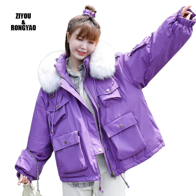

2020 Short Fur Coat Hooded Winter Down Coat Female Casual Jacket Cotton Padded Wadded Parkas Wind Breaker Sleeves Big Pocket
