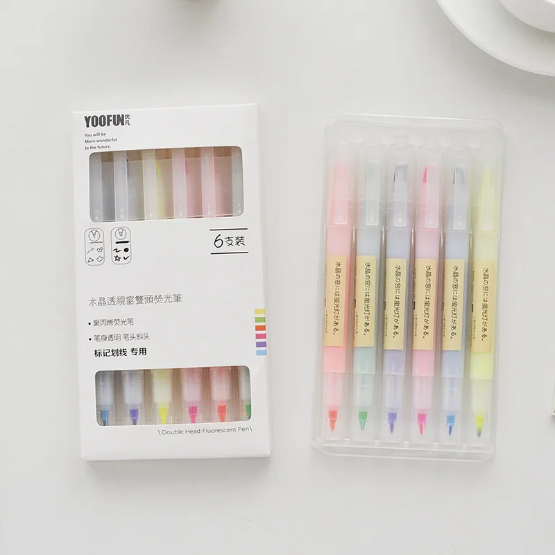

6 pcs/set Crystal Double head Highlighters Candy color 6 colors Drawing Marker pens Promotional Gift Stationery