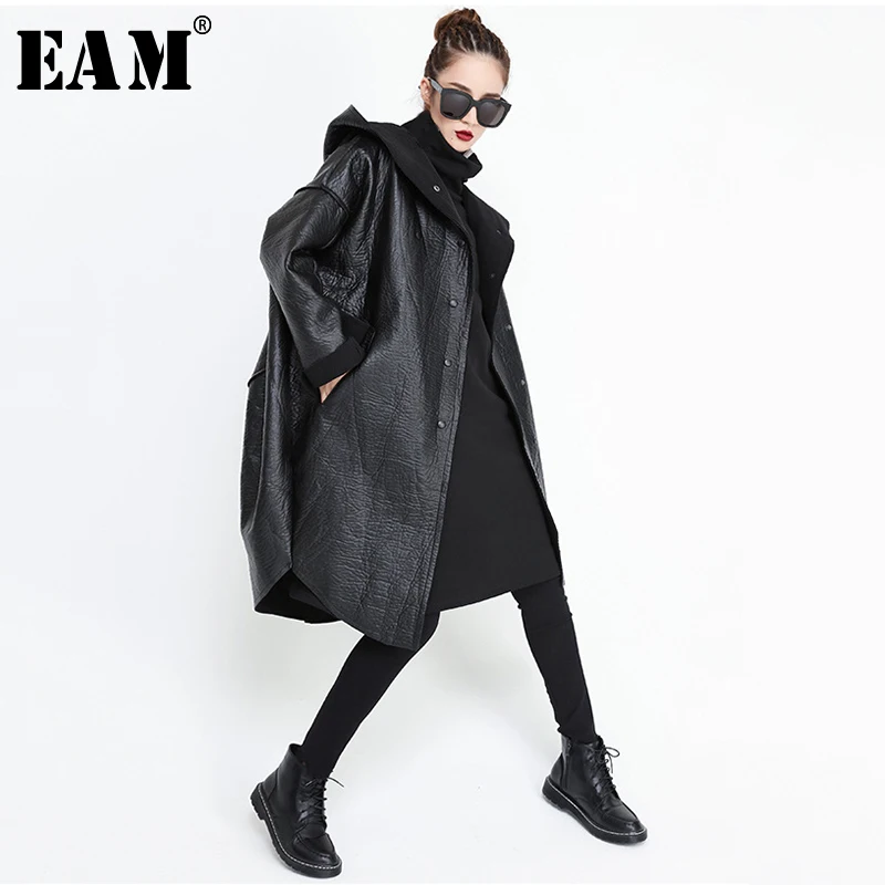  [EAM] Loose Fit Hooded Black Pu Leather Thick Oversize Jacket New Long Sleeve Women Coat Fashion Ti