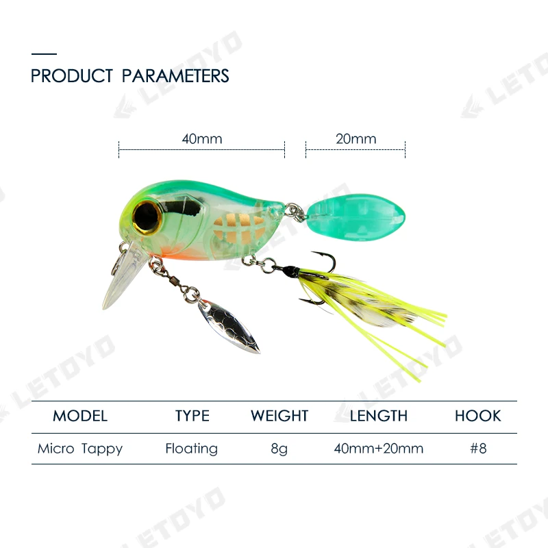 LETOYO Floating Fishing Lure Crank 40mm 8g Freshwater Bass Crankbait Surface Artificial Hard Baits With Spoon Wobblers Wake Bait